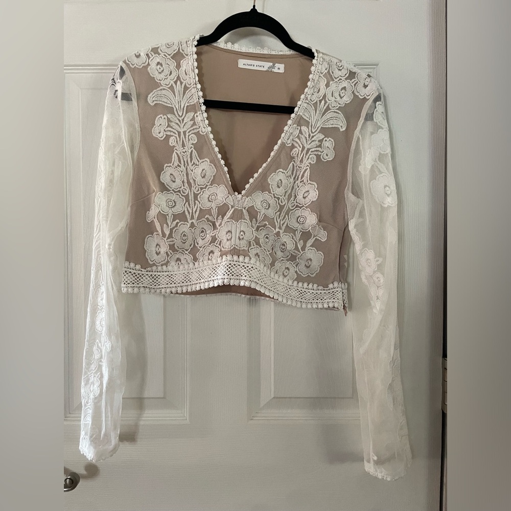 Altar'd State Deep V Lace-Trim Beige Top